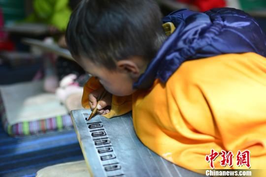 图为正在以传统方式练习藏文书法的藏族小学生。　周文元 摄